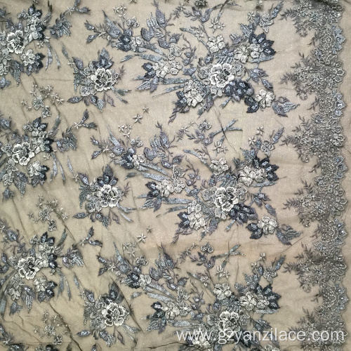 Black Beaded 3D flower Handework Fabric for Dress